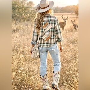 Upcycled patchwork pink/green flannel boho shirt w farmhouse country vibe